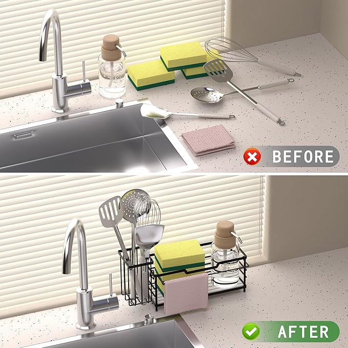 Sponge Holder for Kitchen Sink,Sink Caddy Organizer With Stone Drying Tray, Stainless Steel Kitchen Countertop Organizer for 
