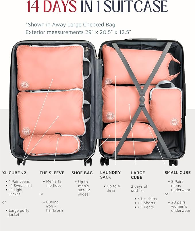 TRIPPED XL Compression Packing Cubes — 7-Piece Set for Checked Luggage | Extra-Large (15.7"×11"×4") + Large + Small + Tube + 