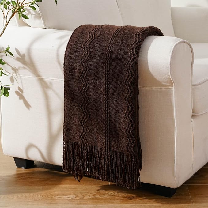 BATTILO HOME Brown Throw Blanket for Couch, Chocolate Knit Decorative Boho Throw for Home, Bed, 50"x60"