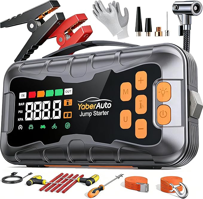 YaberAuto 16-in-1 Jump Starter with Air Compressor 8000A 160PSI Car Battery Jump Starter (All Gas/14L Diesel) 12V Jump Box
