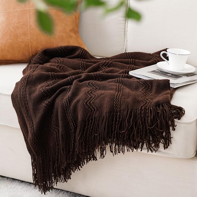 BATTILO HOME Brown Throw Blanket for Couch, Chocolate Knit Decorative Boho Throw for Home, Bed, 50"x60"