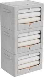 FHSQX 3 Pack Clothes Storage Bins - Foldable Metal Frame Storage Box - Stackable Linen Fabric Container Organizer Set with Ca