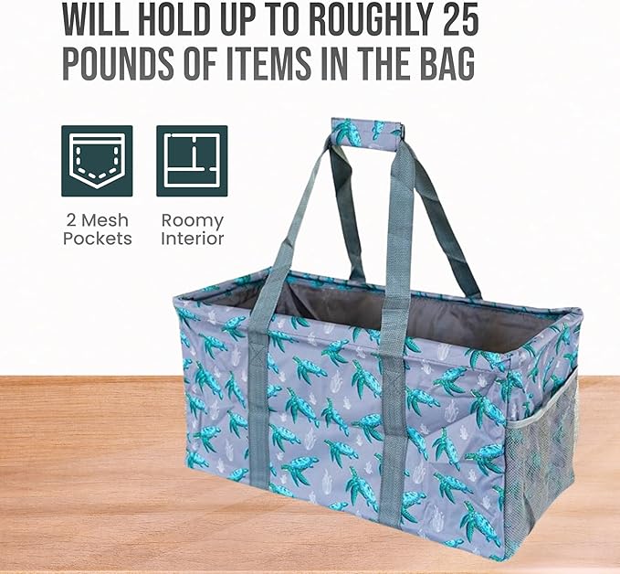 Extra Large Utility Tote Bag - Oversized Collapsible Reusable Wire Frame Rectangular Canvas Basket With Two Exterior Pockets For Beach, Pool, Laundry, Car Trunk, Storage - Turtle