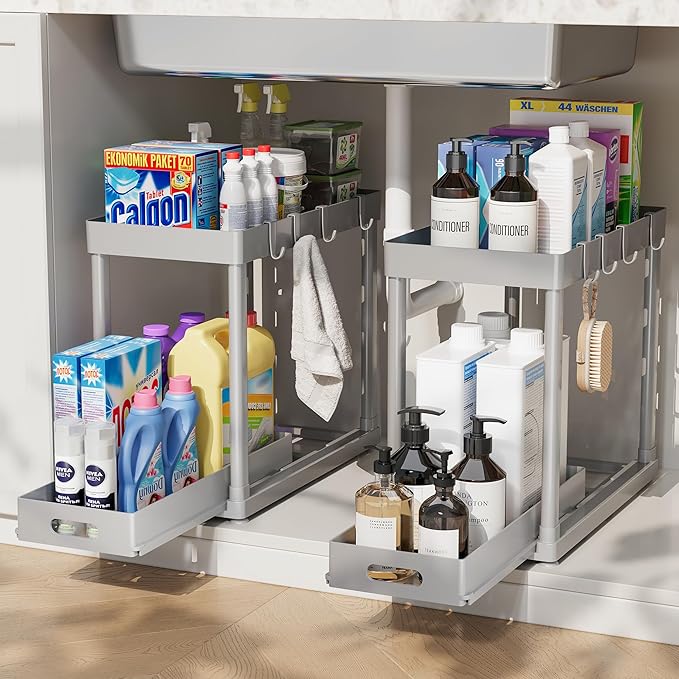 2 Pack Pull-Out Storage Organizers, Under Sink Organizer and Storage for Bathroom & Kitchen,Multi-Purpose Under Cabinet Organ