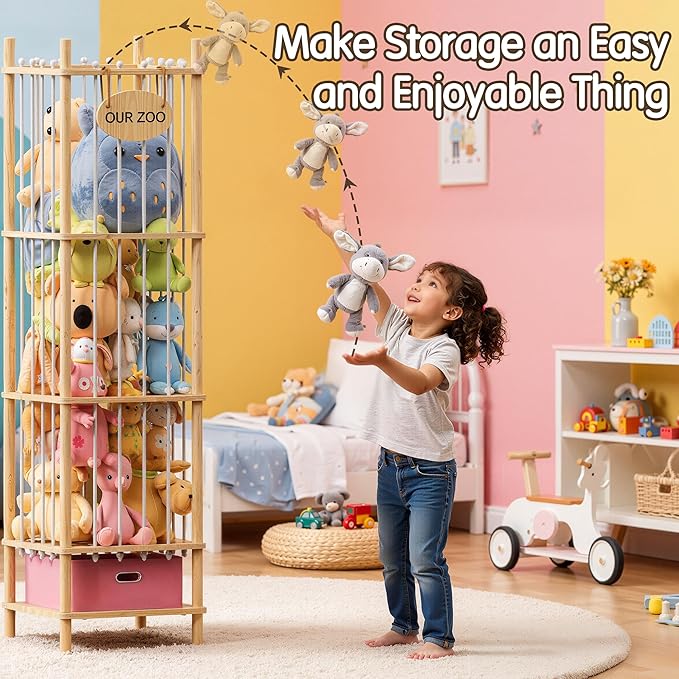 Brelley Stuffed Animal Storage Wood Toy Storage Organizer with Drawer, Large Toy Chest Stuffed animal holder for Kids Nursery