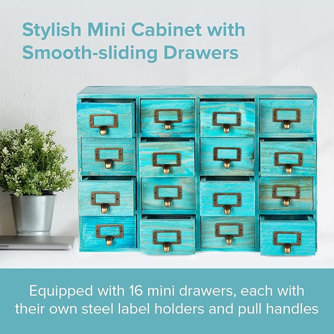 Teal 16-Slot Wooden Drawer Unit - Country Style Desk Organizer Box - 20"x3.6”x14” Wooden Storage Box w/ 16 Drawers - Countert