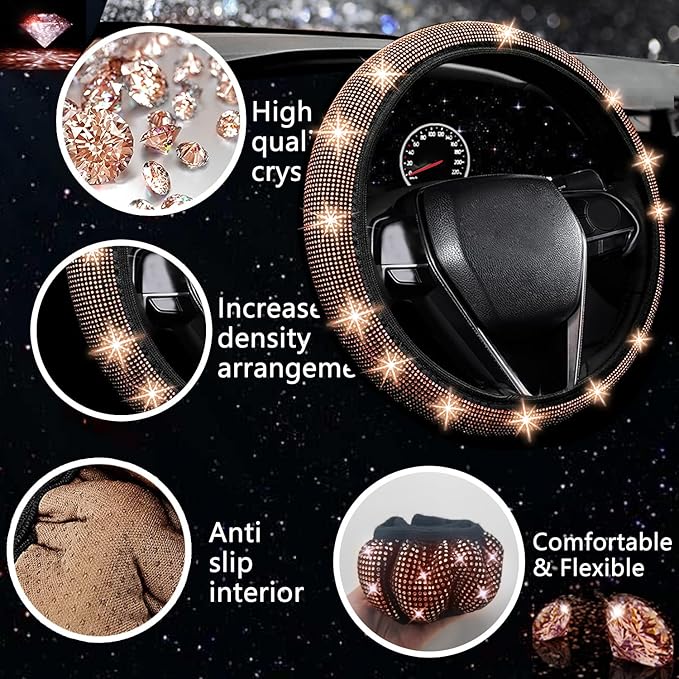 NBTEPEM 27 PCs Gold Champagne Bling Car Accessories Set for Women, Steering Wheel Covers Universal Fit 15 Inch, Bling License Plate Frame, Bling Phone Holder, Bling Car Coasters