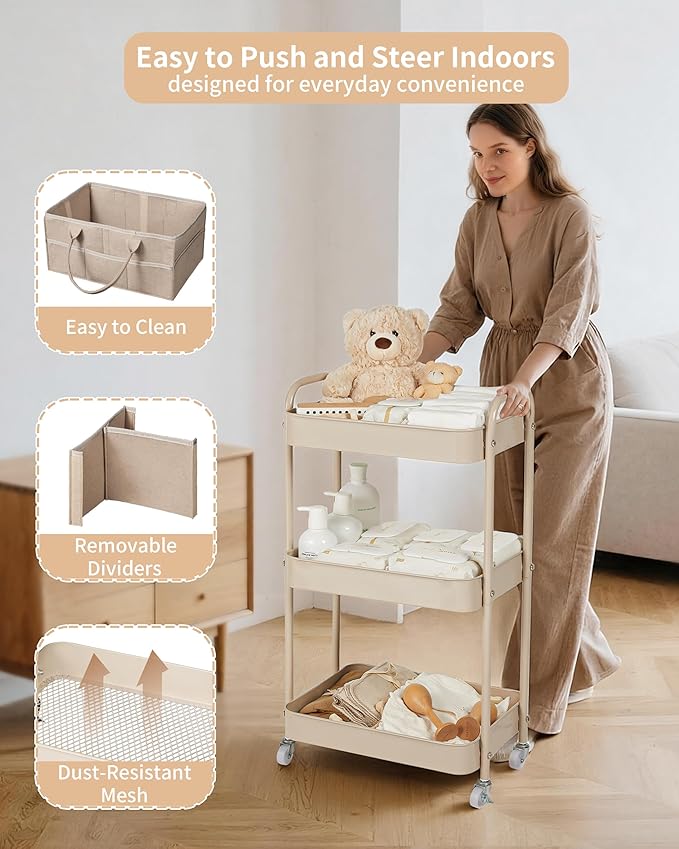 Fortella Baby Diaper Caddy, 3 Tier Rolling Storage Cart for Baby Essentials, Diaper Cart with Detachable Dividers, Storage & 