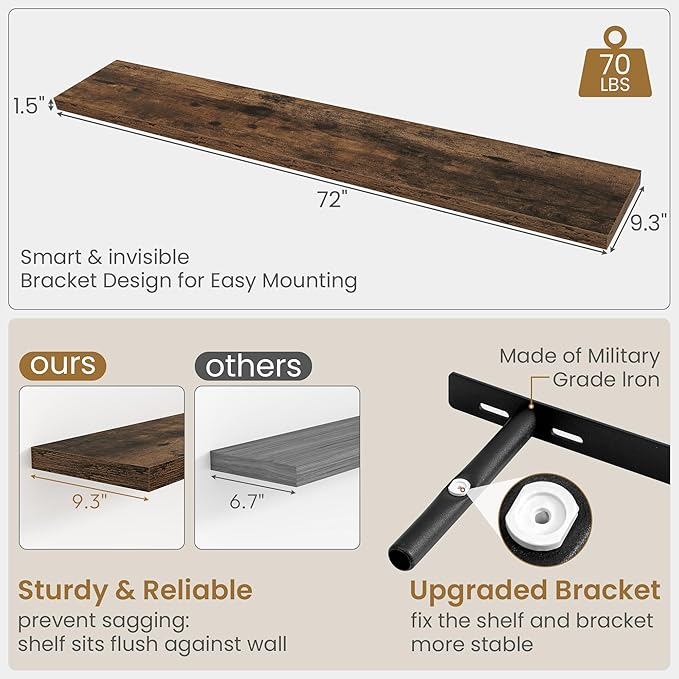 72"W x 9.3"D Floating Shelves for Wall, Wall Mounted Bathroom Shelves 1 Pack Deep Floating Shelf for Bedroom Kitchen Living R