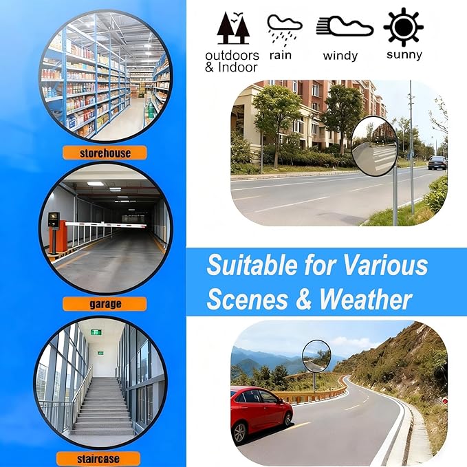 18” Polycarbonate Outdoor Convex Security & Blind Spot Mirror - 160° Wide Angle, Shatterproof PC Material with Auto Recovery, Rust-Proof Bracket for Parking Lots, Warehouses, Schools, Offices & More