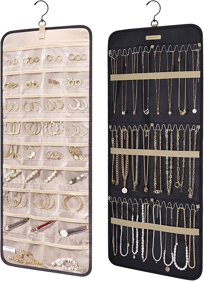 BAGSMART Hanging Jewelry Organizer Storage Roll with Hanger Metal Hooks Double-Sided Jewelry Holder for Earrings, Necklaces, 