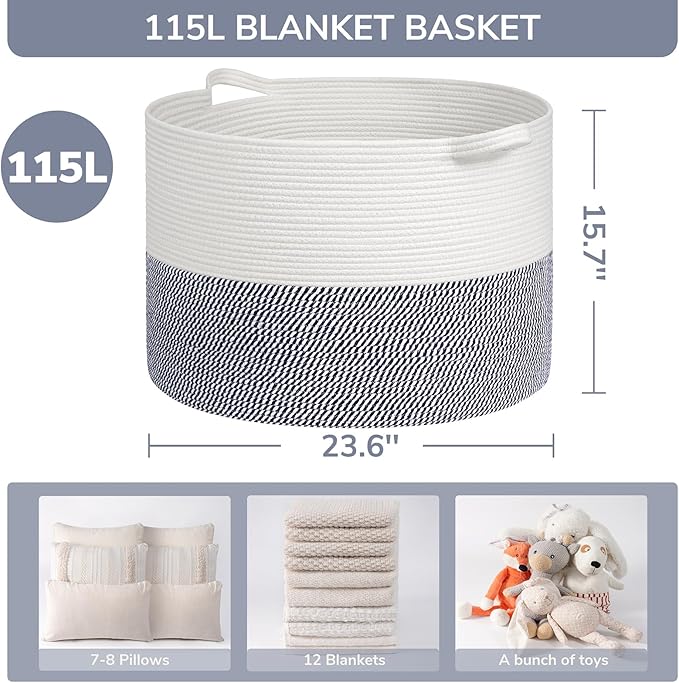 INDRESSME 115L Extra Large Cotton Rope Basket, Blanket Basket for Home Decor Living Room Nursery, Toy Storage Baskets for Kid
