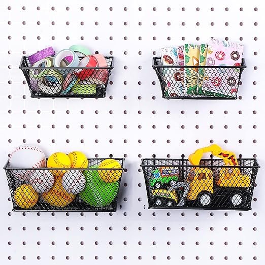 Sieral 4 Pcs Black Pegboard Baskets Metal Wire Shelf Baskets Peg Board Organizer Accessories Wall Mount Organizer Attachments