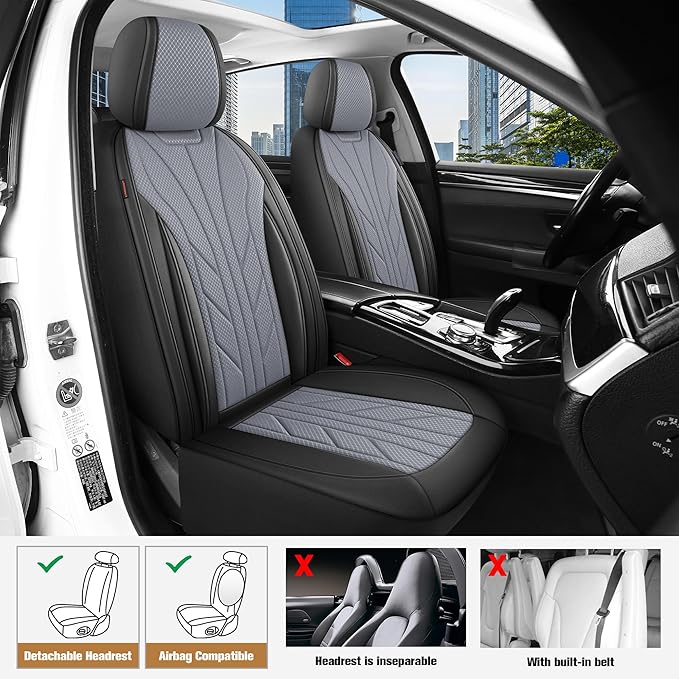 CAROMOP Luxury Faux Leather&Fabric Car Seat Covers Full Set with Breathable 3D Foam Back Support,Universal Comfortable Seat C
