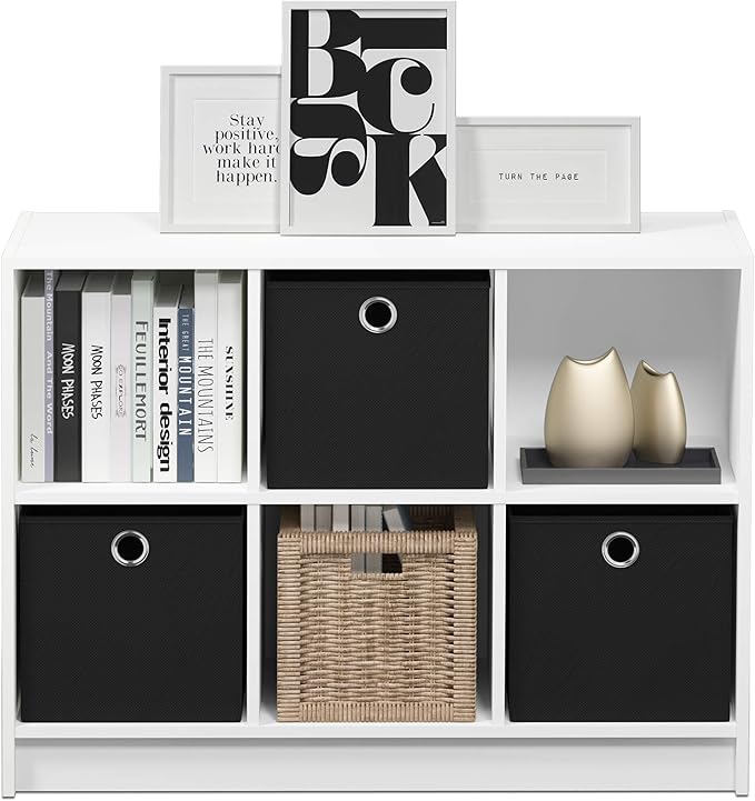 Furinno Basic 3x2 Cube Storage Bookcase Organizer with Bins, White/Black