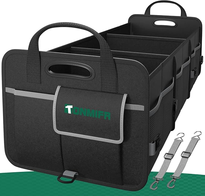 Heavy-Duty Trunk Organizer & Multi-Compartment Storage Box for SUV/Sedan/Minivan,600D Waterproof Oxford,2 Securing Hooks &