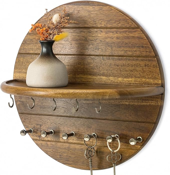 Rebee Vision Round Acacia Wood Key Holder Wall Mount for Home Decor - Decorative Key Holder for Wall with Entryway Shelf & 11