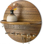 Rebee Vision Round Acacia Wood Key Holder Wall Mount for Home Decor - Decorative Key Holder for Wall with Entryway Shelf & 11