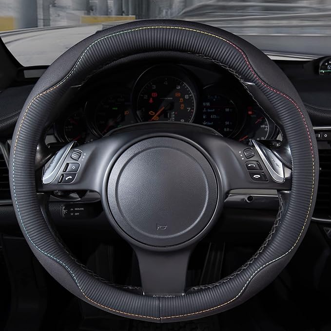 CAR PASS Colour Piping Leather Universal Fit Steering Wheel Cover,Perfectly fit for 14.5-15 inches for Various Vehicles Suvs,