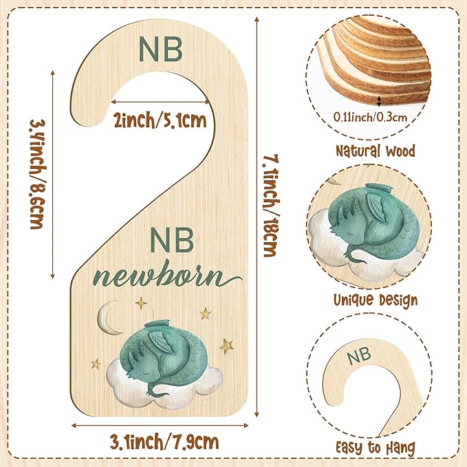 R HORSE Wooden Baby Closet Dividers - 8Pcs Dragon Baby Closet Organizer, Double-Sided Newborn Clothes Size Hanger Dividers, N