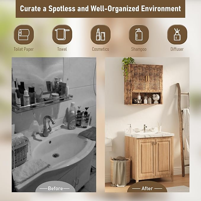INNOD Bathroom Wall Cabinet, Wall-Mounted Medicine Cabinet with Adjustable Wood Shelf & Doors, Floating Bathroom Cabinet Over