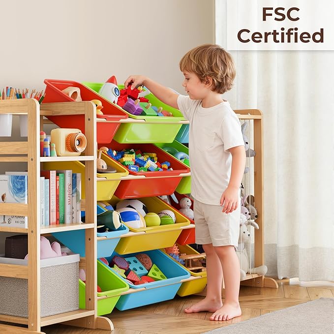 mirolam Storage Organizer with Bookshelf and Stuffed Animal Storage - Playroom Organization with Shelves and 12 Bins - Living