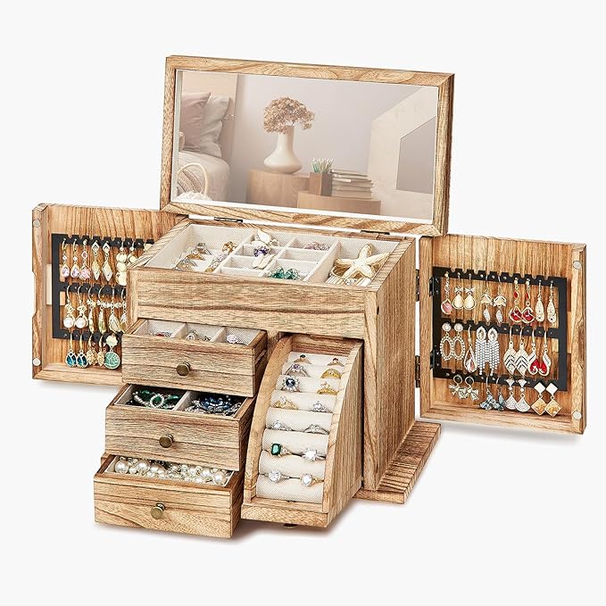 Poyilooo Jewelry Box Organizer, Solid Wood Jewelry Boxes fow Women with Mirror, Double Layer Jewelry Organizer Box Display Ea