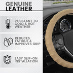 BDK Genuine Beige Leather Steering Wheel Cover for Car, Small 13.5-14 inch – Ergonomic Comfort Grip for Men & Women, Car Stee