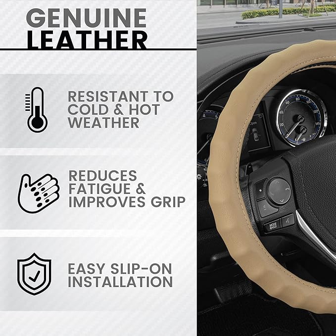 BDK Genuine Beige Leather Steering Wheel Cover for Car, Medium (14.5" - 15.5") – Ergonomic Comfort Grip for Men & Women, Univ