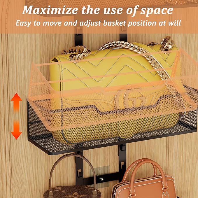Dmevkic Purse Organizer Over The Door,Adjustable Durable Metal Purse Holder Handbag Purse Organizer for Closet with 5 Hooks M