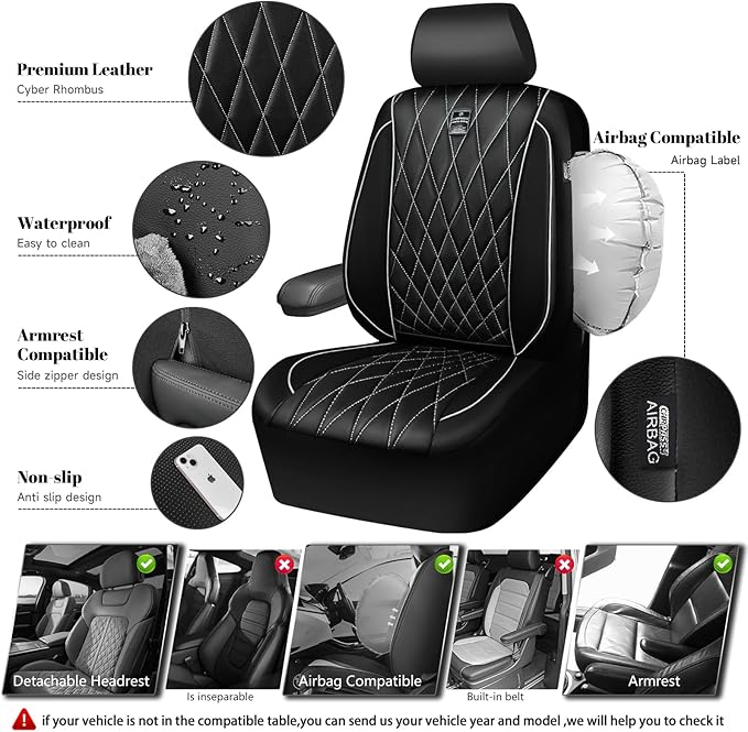 CAR PASS Piping Luxury Leather Two Front Car Seat Covers,Silver Glitter Waterproof Seat Cover Compatible with Front Seat Armr