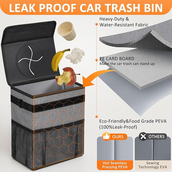 3 Gallons Car Trash Can with Lid, Car Trash Bag Bin Hanging Waterproof Automotive Garbage Cans Leak Proof Vehicle Can Grey