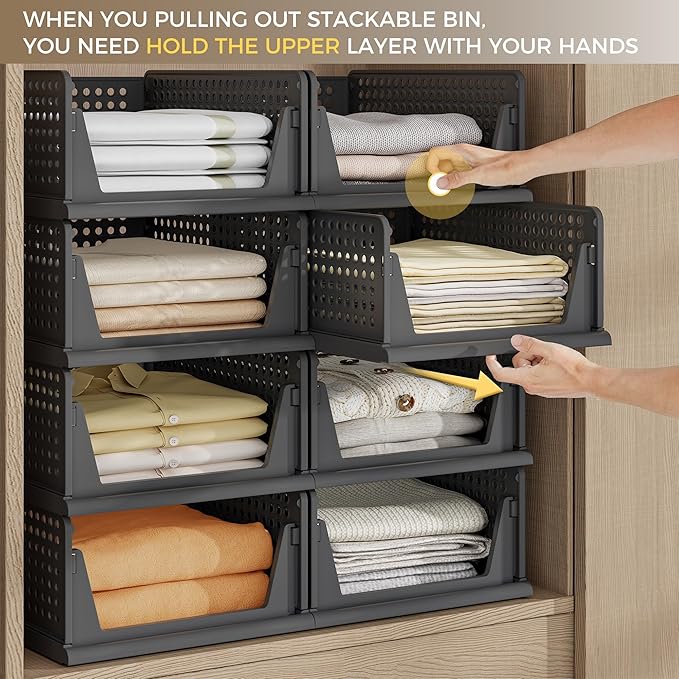 Pinkpum 8 Pack Closet Organizers and Storage Plastic Stackable Storage Bins, Foldable Drawer Shelf Storage Container for Ward