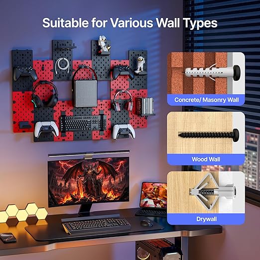 PEGZONE 14 PCS Controller and Headphone Holder Wall Mount, Modular Gaming Pegboard with Accessories, Video Game Storage, Disc
