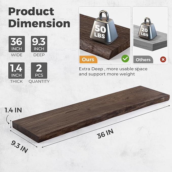 Live Edge Elm Floating Shelves For Wall - 36" W x 9.3" D Rustic Solid Wood Shelves with Invisible Bracket, Wall-Mounted Stora