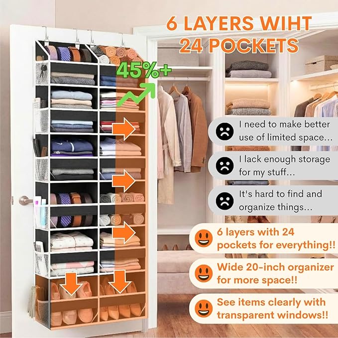 Over The Door Organizer 6 Tiers, Extra Large Behind Door Storage of 12 Compartments, 80 lbs Weight Capacity Hanging Storage O