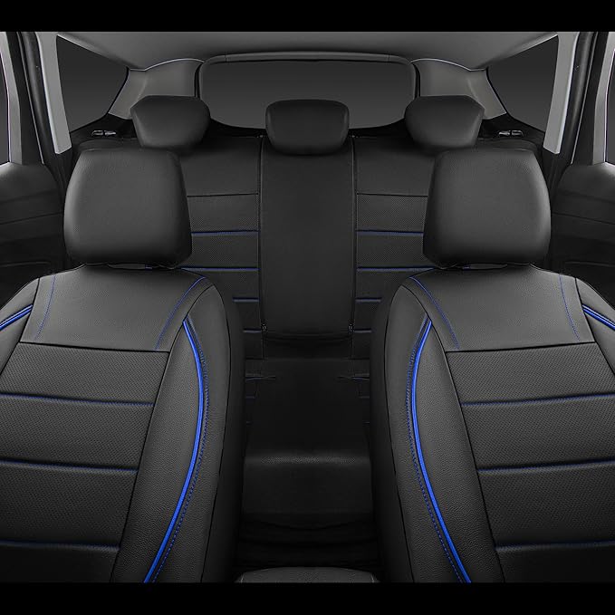 CAR PASS Universal FIT Piping Leather Car Seat Cover, for suvs,Van,Trucks,Airbag Compatible,Inside Zipper Design and Reserved Opening Holes (Full Set, Black and Blue)