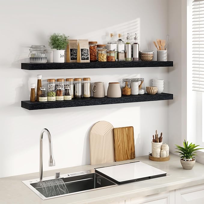 Fun Memories Floating Shelves for Wall, 55Inch Floating Shelves Set of 2, Hanging Shelf with Invisible Brackets, Wood Shelves