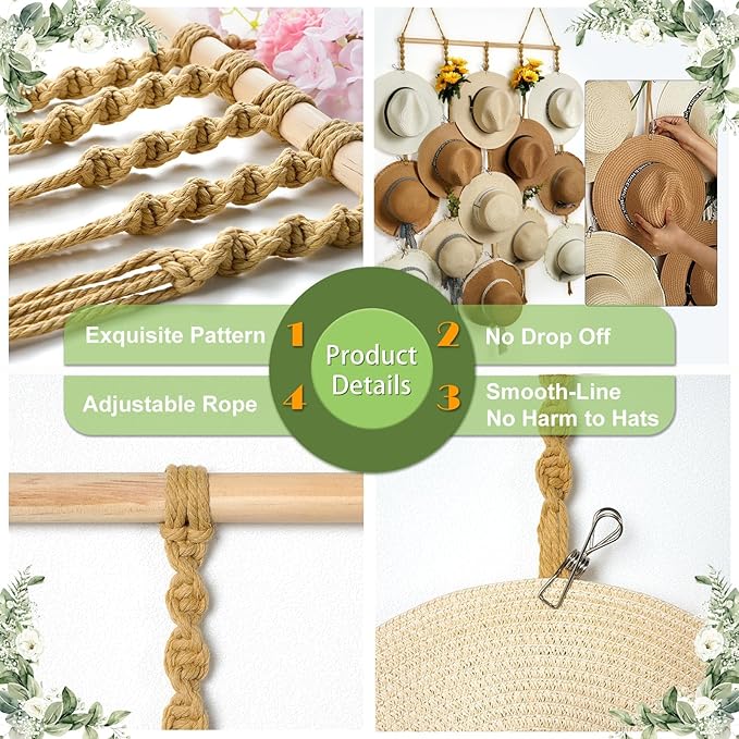 Macrame Hat Organizer Rack for Wall 15 Clips 31x66in Large Fedora Hat Hangers Display for Wide Brimmed Hat Holder Storage Boh