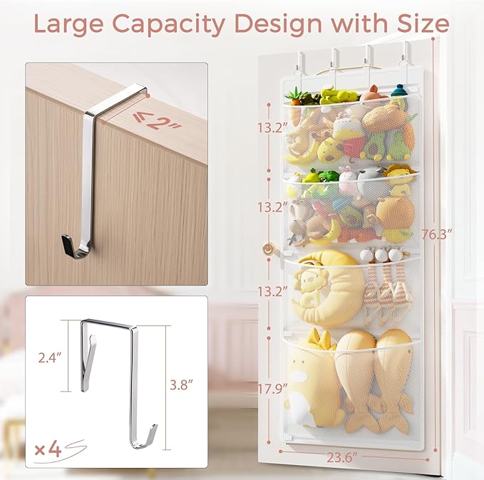Criusia Stuffed Animal Storage, Over The Door Organizer with 4 Mesh Pockets, Toy Organizers and Storage for Nursery, Baby Sup