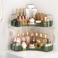 Corner Counter Organizer, 2-Tier Bathroom & Kitchen Storage Tray with Hooks | PET Green Vanity Organizer for Skincare, Makeup