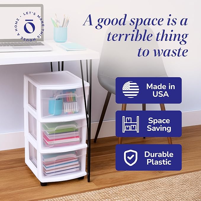 HOMZ Drawer Tower, 3-Tier Rolling Storage Cart with Removable Wheels, White Frame – Plastic Organizer with Clear Bin Drawers 