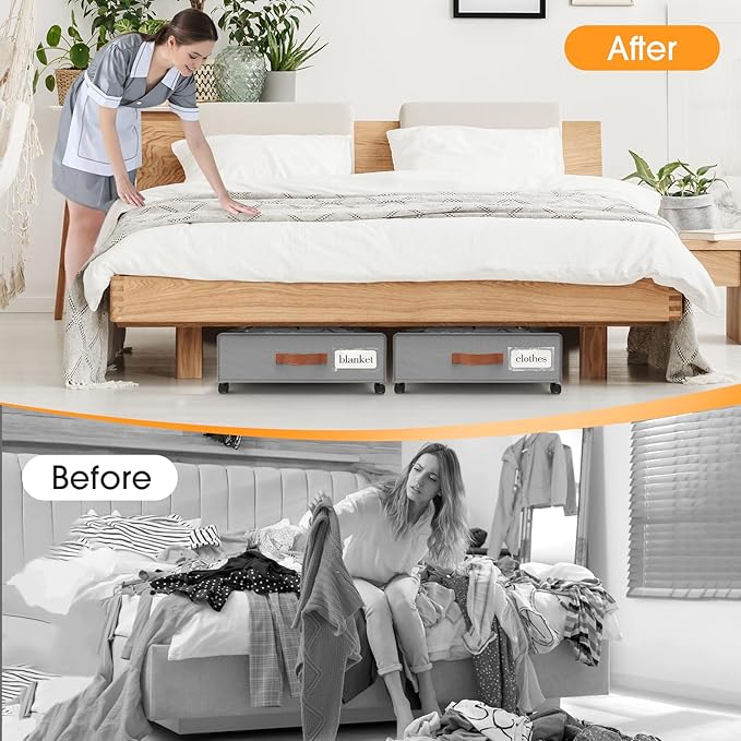 Under Bed Storage with Wheels 2Pack Underbed Storage with Clear Window&Label Under Bed Drawers Large Capacity Rolling Under B