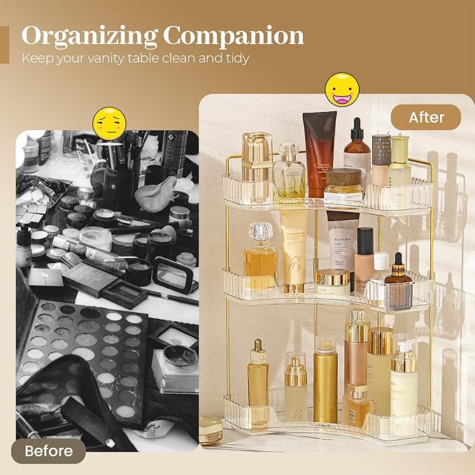Aveniee Corner Bathroom Counter Organizer, Bathroom Countertop Shelf Makeup Storage, Clear Perfume Tray Holder (3 Tiers, Whit