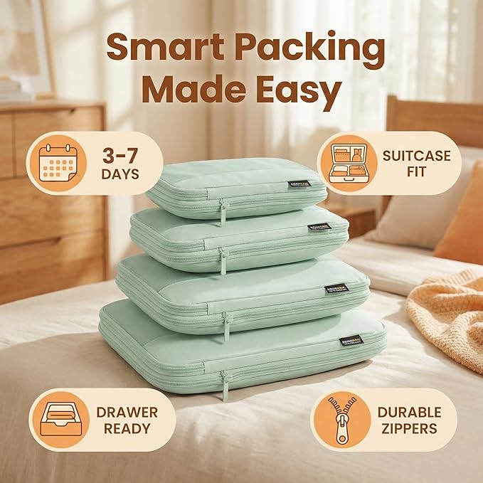 4 Piece Compression Packing Cubes for 3–7 Day Travel, Lightweight Travel Organizers with Breathable Mesh, Double-Zipper Packi