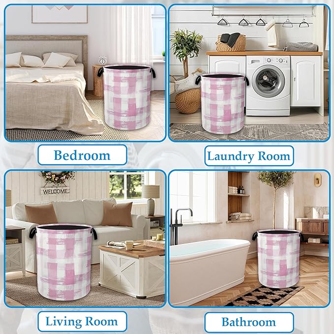 Pink Plaid Laundry Basket Collapsible Laundry Hamper with Handle, Oxford Clothes Toy Storage Bin for Bathroom Bedroom Room De
