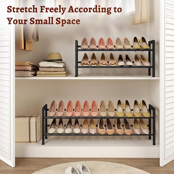 FAVOOSTY 2-Tier Expandable Shoe Rack, Adjustable Shoe Shelf Storage Organizer Space Saving Metal Free Standing Shoe Rack for 