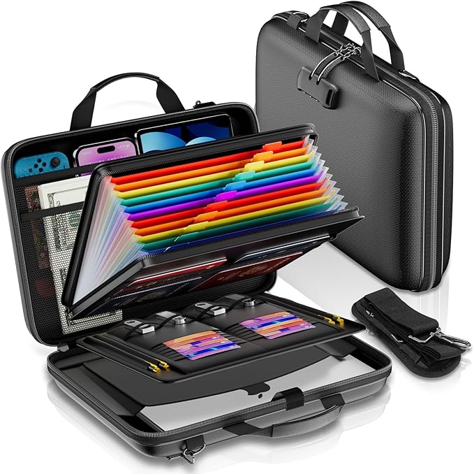 Fireproof Document Organizer with Lock,Hard-Shell Case Fireproof Document Box with Shoulder Strap,Portable File Organizer wit