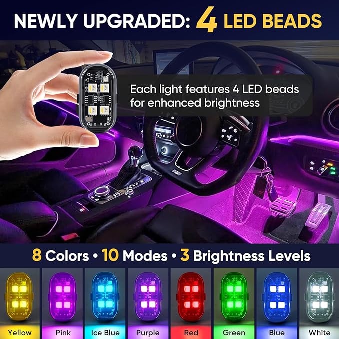 Upgraded 4LEDs 4PCS Wireless LED Strobe Lights with Remote Control, 8 Colors Type-C Rechargeable Led Lights Anti Collision Warning Light for Car Motorcycle Bike Drone Aircraft