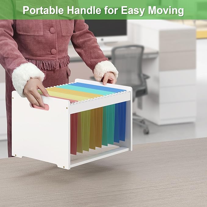Hanging File Organizer Box for Letter Size, 2 Pack Bamboo File Folder Organizer, Storage Moving Boxes with Handle Wood Desk F